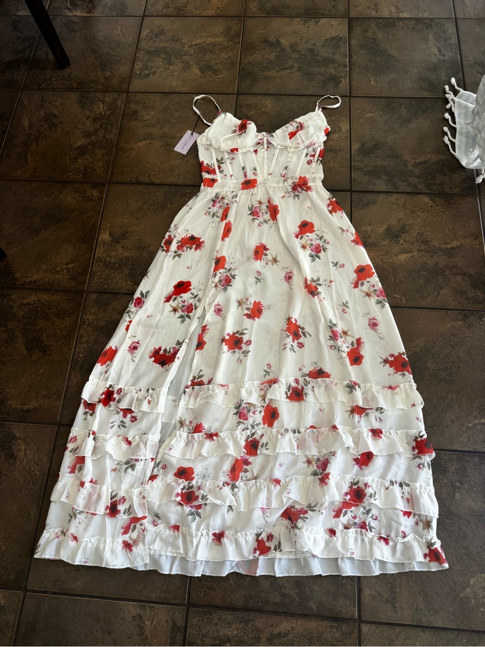 Floral Midi Dress with Red Poppy Print - Picture 2 of 4